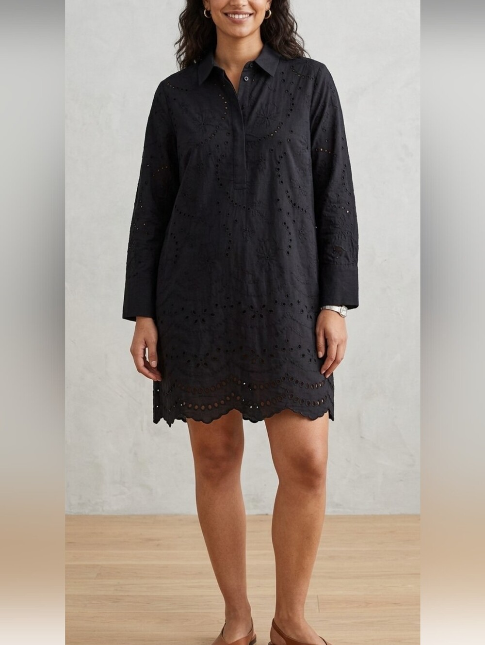 H&M Black Eyelet Embroidered Shirt Dress NWT Size Medium Scalloped Hem